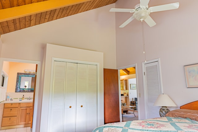 tiled bedroom featuring sink, wood ceiling, high vaulted ceiling, and ceiling fan