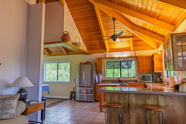 kitchen with kitchen peninsula, appliances with stainless steel finishes, plenty of natural light, and ceiling fan