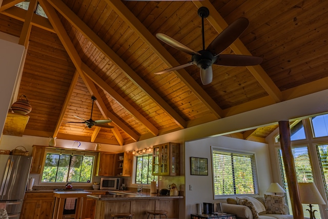 kitchen with kitchen peninsula, stainless steel appliances, wooden ceiling, and plenty of natural light