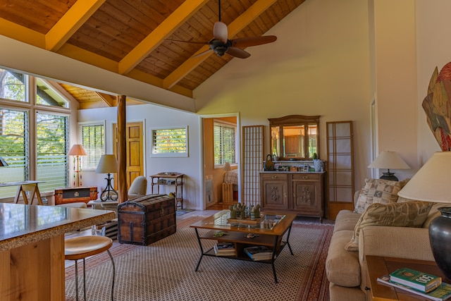 living room with wood ceiling, beamed ceiling, high vaulted ceiling, and ceiling fan