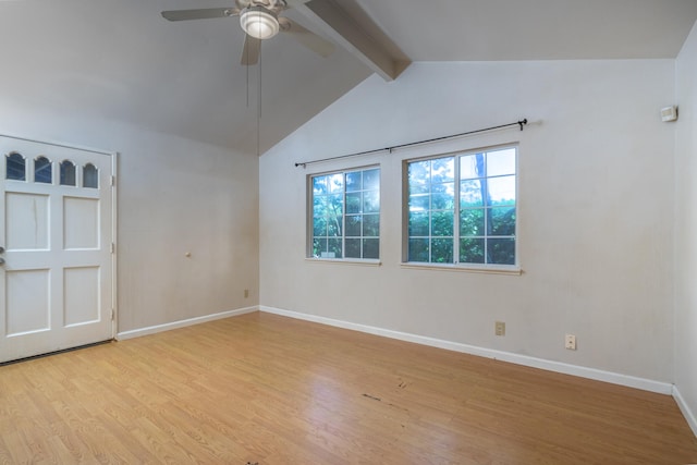 unfurnished room with vaulted ceiling with beams, ceiling fan, and light wood-type flooring