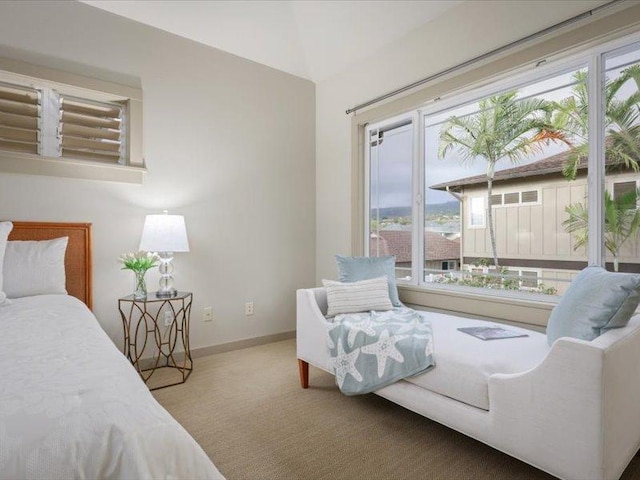 bedroom with light carpet and baseboards