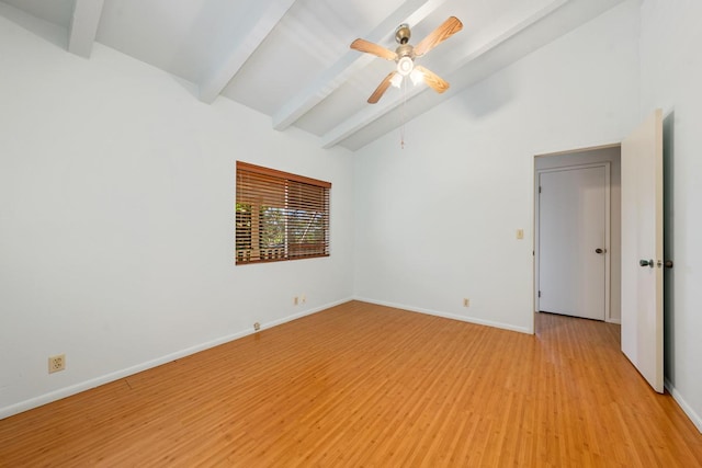 spare room with beam ceiling, light hardwood / wood-style flooring, high vaulted ceiling, and ceiling fan