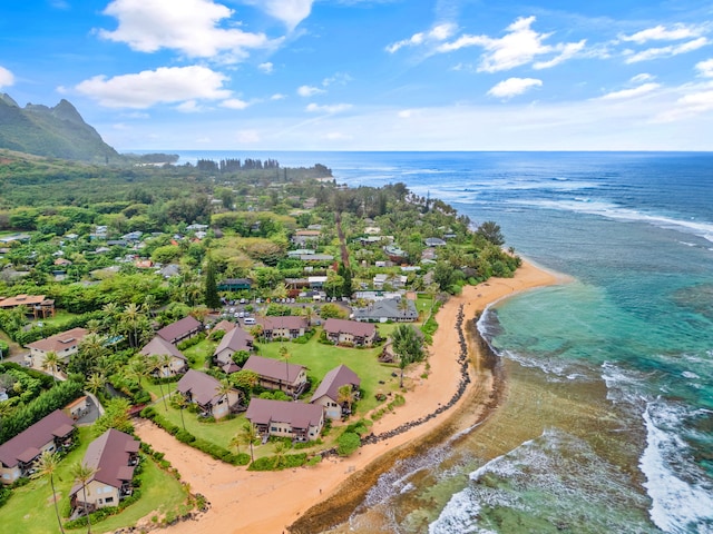 drone / aerial view featuring a view of the beach and a water view