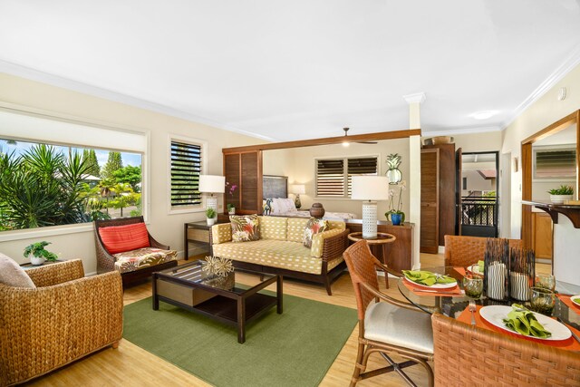 5-7130 Kuhio Hwy Unit M4, Hanalei, HI 96714 - living room featuring light wood-type flooring, crown molding, and a ceiling fan