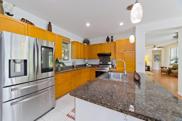 kitchen with sink, ceiling fan, appliances with stainless steel finishes, decorative light fixtures, and a healthy amount of sunlight