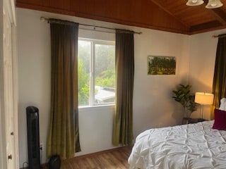 bedroom featuring hardwood / wood-style floors, vaulted ceiling, and wood ceiling