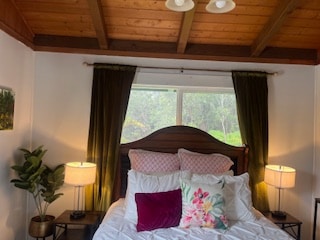 bedroom featuring wooden ceiling and beam ceiling