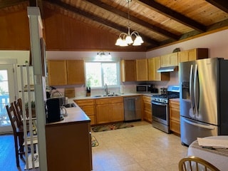 kitchen featuring vaulted ceiling with beams, stainless steel appliances, hanging light fixtures, an inviting chandelier, and wooden ceiling