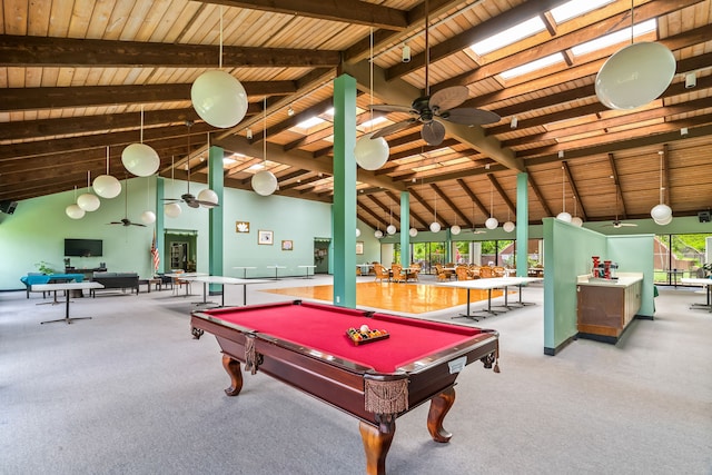 recreation room featuring pool table, beamed ceiling, a skylight, and wood ceiling