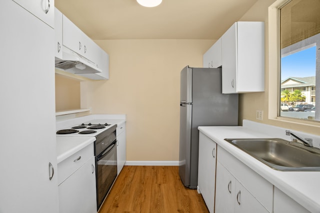 kitchen featuring white cabinetry, white appliances, sink, and light wood-type flooring