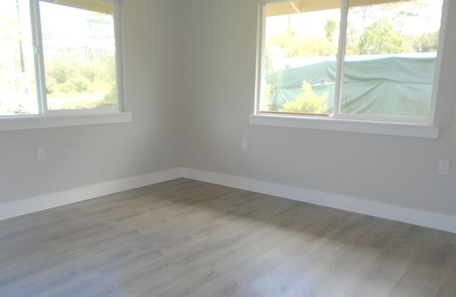 spare room with baseboards, plenty of natural light, and wood finished floors