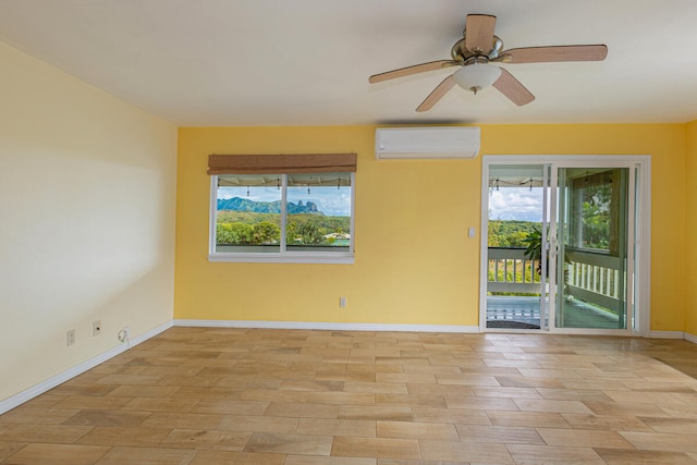 empty room with light wood-type flooring, an AC wall unit, and ceiling fan