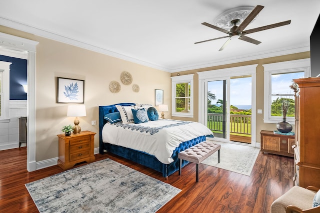 bedroom with ornamental molding, dark wood-type flooring, access to exterior, and ceiling fan