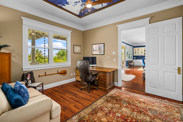 office space with hardwood / wood-style floors and crown molding