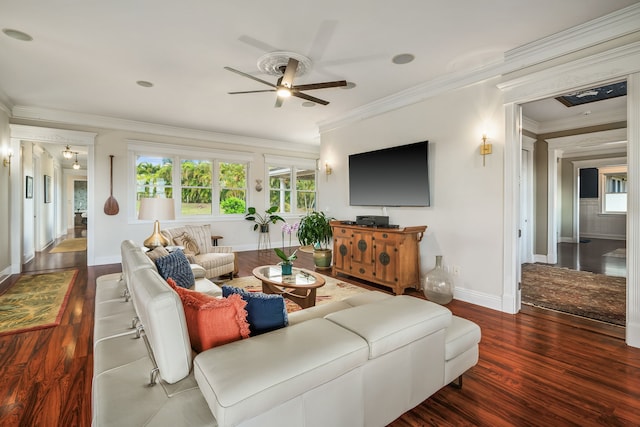 living room featuring crown molding, dark wood-type flooring, and ceiling fan