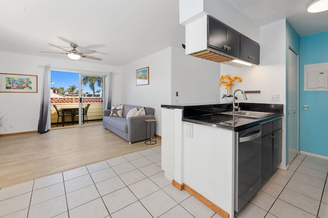 kitchen with dishwasher, sink, ceiling fan, light hardwood / wood-style floors, and kitchen peninsula