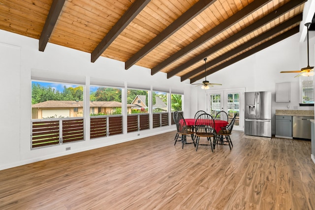 dining area with wood ceiling, beam ceiling, ceiling fan, hardwood / wood-style flooring, and high vaulted ceiling