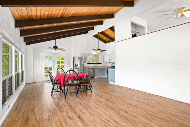 dining room with light wood-type flooring, french doors, wood ceiling, beam ceiling, and high vaulted ceiling