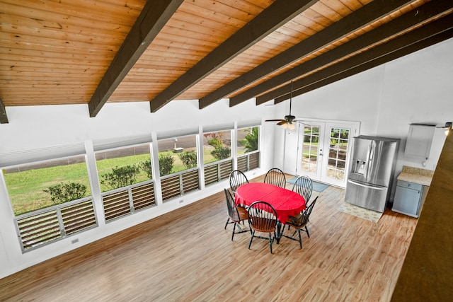 sunroom with french doors, lofted ceiling with beams, ceiling fan, and wooden ceiling