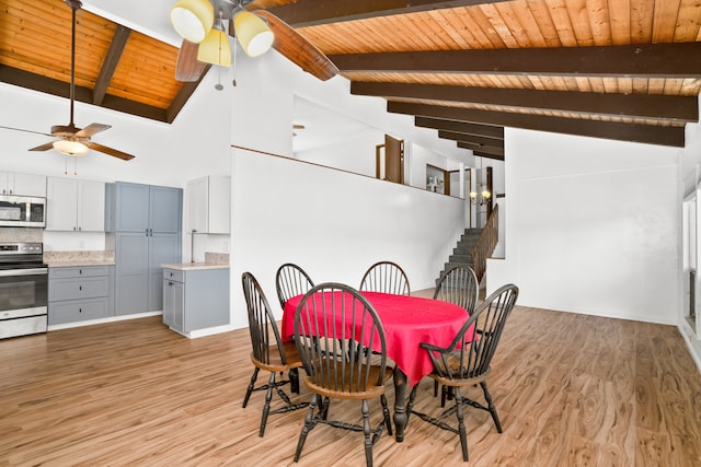 dining room featuring wood ceiling, high vaulted ceiling, beamed ceiling, and light wood-type flooring