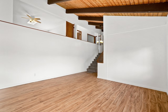 interior space featuring vaulted ceiling with beams, wood-type flooring, wooden ceiling, and ceiling fan