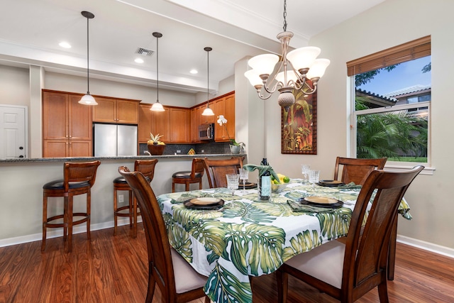 dining area with dark hardwood / wood-style floors and a chandelier