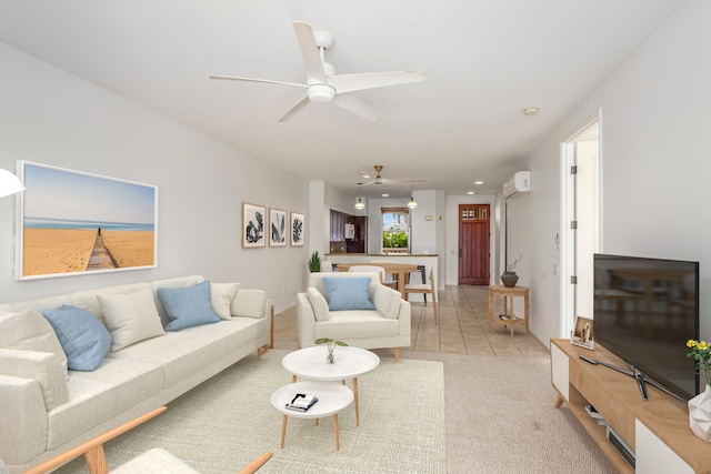 carpeted living room featuring a wall mounted AC and ceiling fan