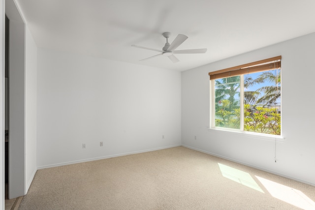 carpeted spare room with ceiling fan