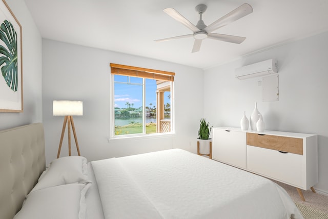 bedroom featuring a water view, a wall unit AC, carpet floors, and ceiling fan