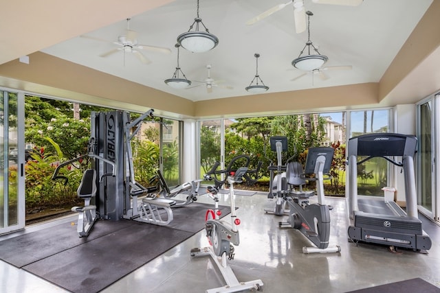 gym with ceiling fan and concrete flooring