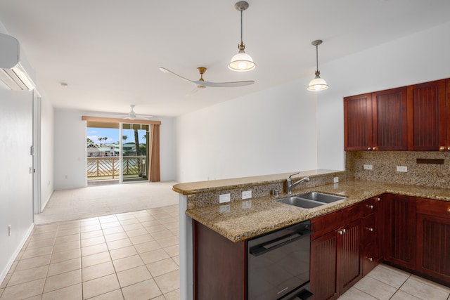 kitchen featuring sink, dishwasher, kitchen peninsula, and light carpet