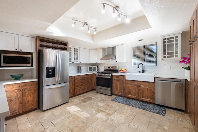 kitchen featuring sink, stainless steel appliances, wall chimney range hood, a raised ceiling, and white cabinets