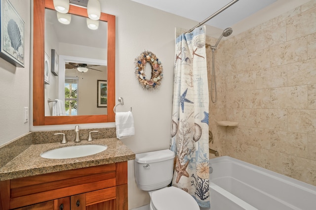 bathroom featuring a ceiling fan, shower / bath combination with curtain, toilet, and vanity