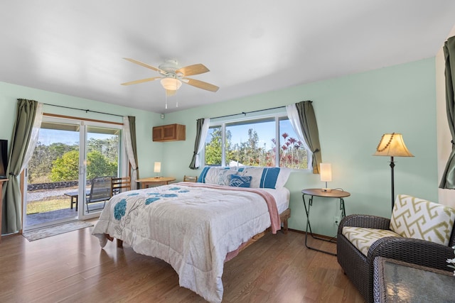 bedroom featuring wood-type flooring, access to outside, and ceiling fan