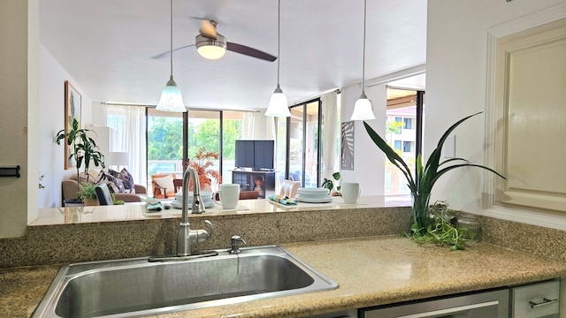 kitchen with hanging light fixtures, sink, and a healthy amount of sunlight