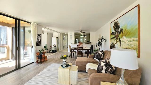 living room with ceiling fan, light hardwood / wood-style flooring, and floor to ceiling windows