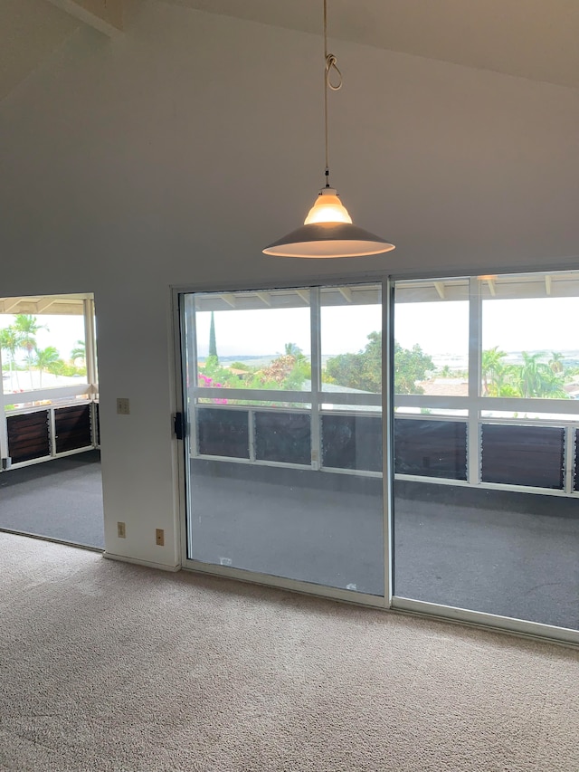 carpeted spare room featuring high vaulted ceiling