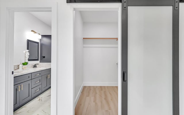 bathroom featuring vanity and hardwood / wood-style flooring