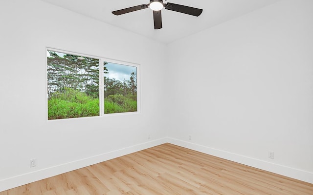 empty room with ceiling fan and light hardwood / wood-style flooring