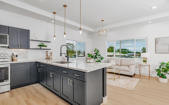 kitchen featuring hanging light fixtures, sink, light wood-type flooring, kitchen peninsula, and stainless steel appliances