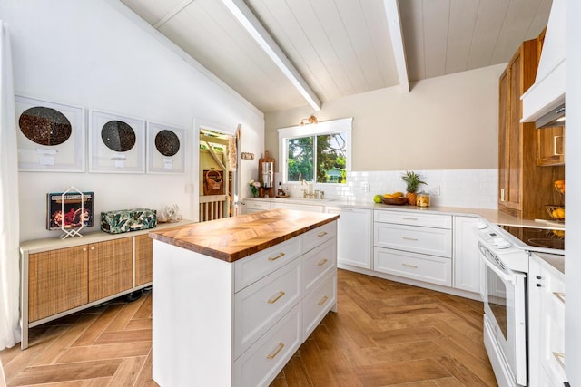 kitchen with white electric range oven, custom range hood, wooden counters, vaulted ceiling with beams, and white cabinets