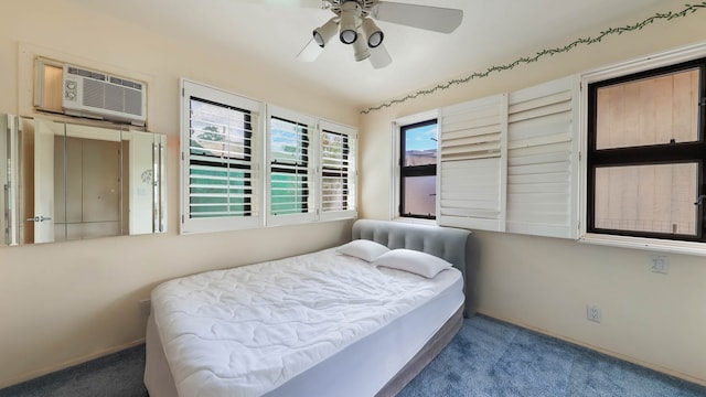 bedroom featuring light carpet, a wall mounted air conditioner, and ceiling fan