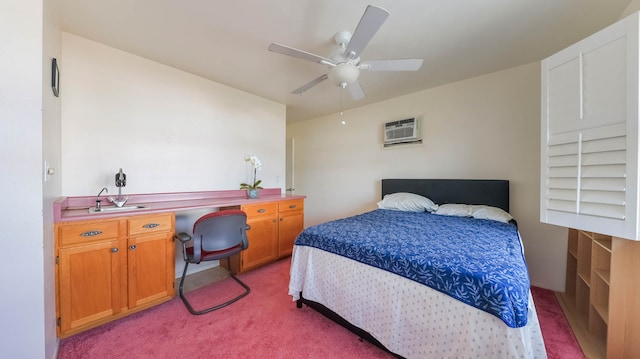 carpeted bedroom with ceiling fan and a wall mounted air conditioner