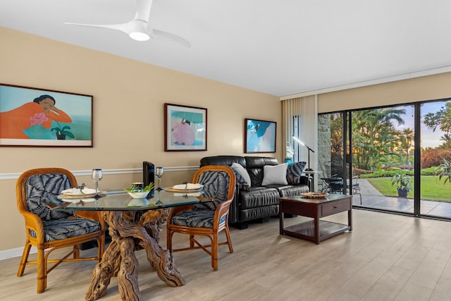 dining room featuring ceiling fan and light hardwood / wood-style floors