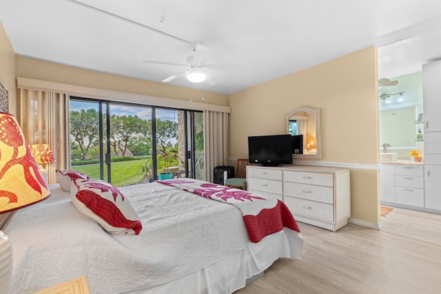 bedroom featuring access to outside, ceiling fan, and light hardwood / wood-style floors