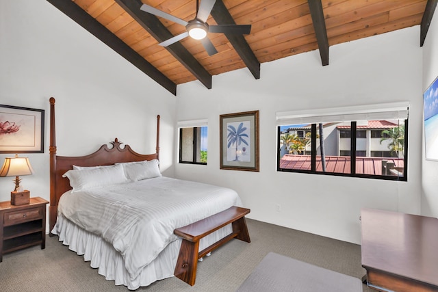 carpeted bedroom with ceiling fan, high vaulted ceiling, wooden ceiling, and beamed ceiling