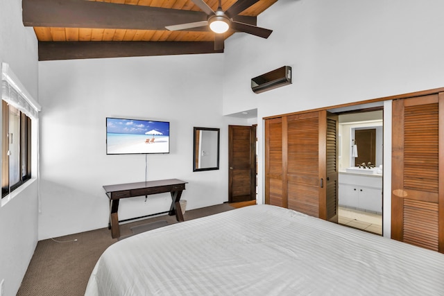 bedroom featuring wood ceiling, ceiling fan, beamed ceiling, dark colored carpet, and high vaulted ceiling