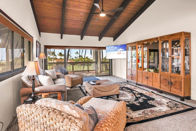 carpeted living room with wood ceiling, high vaulted ceiling, beam ceiling, and ceiling fan