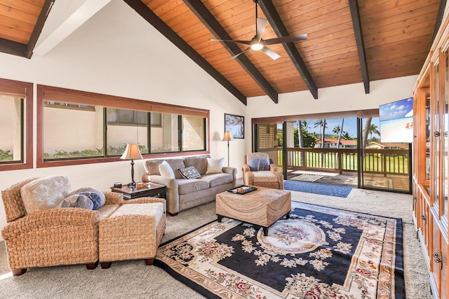 carpeted living room with beam ceiling, wood ceiling, high vaulted ceiling, and ceiling fan